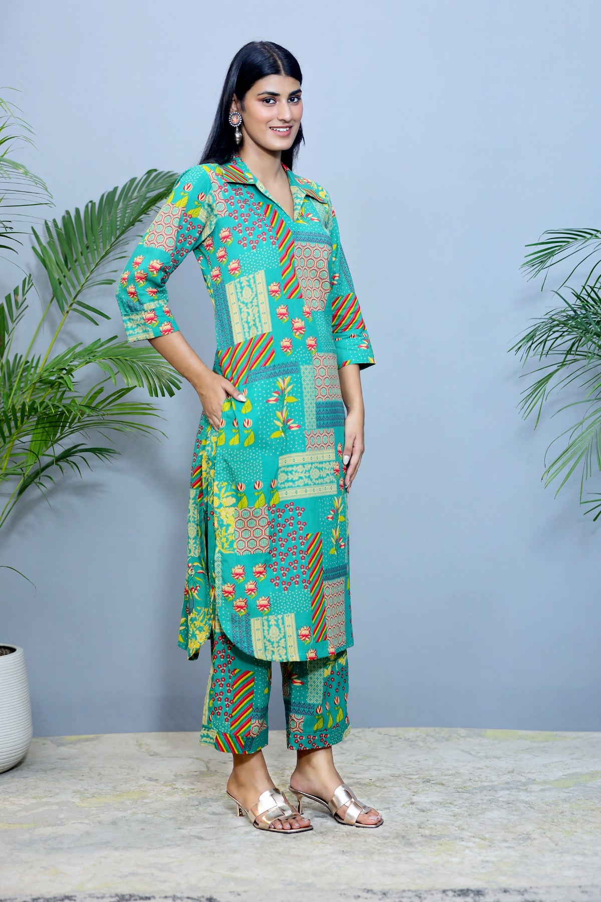 Parrot green Printed Cotton Co-ord Set/ Kurta Pant - Set of 2