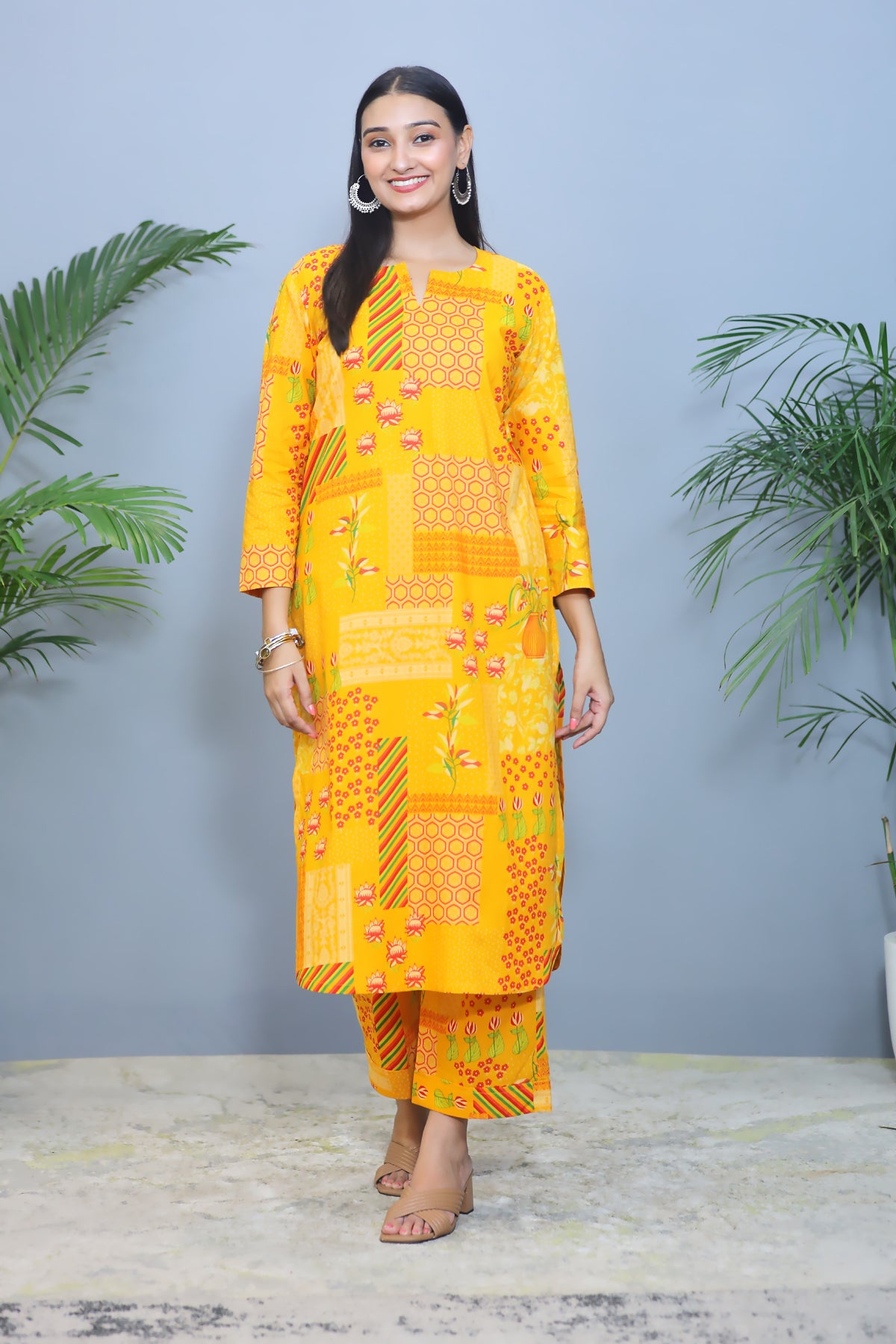 Bright Yellow Printed Cotton Co-ord Set/ Kurta Pant - Set of 2