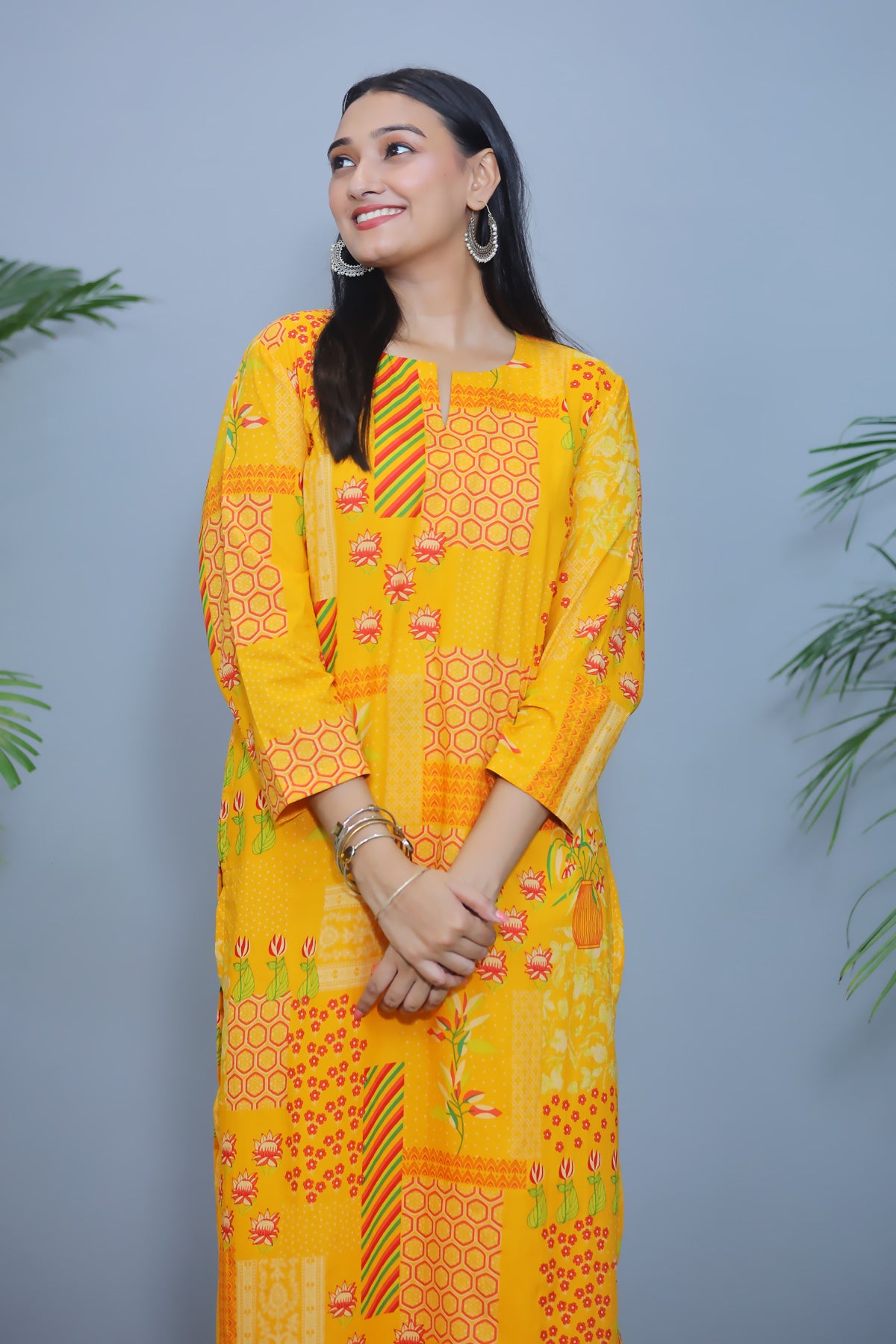 Bright Yellow Printed Cotton Co-ord Set/ Kurta Pant - Set of 2