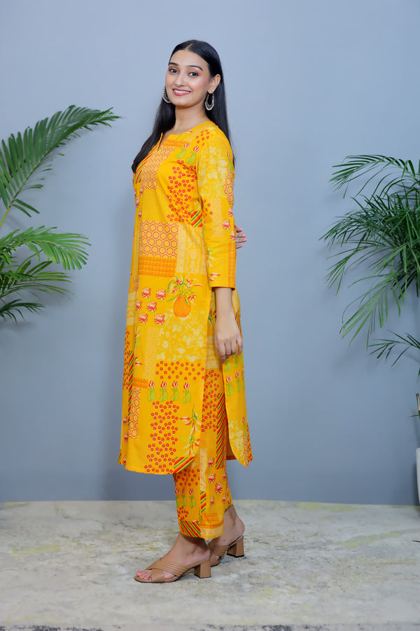 Bright Yellow Printed Cotton Co-ord Set/ Kurta Pant - Set of 2