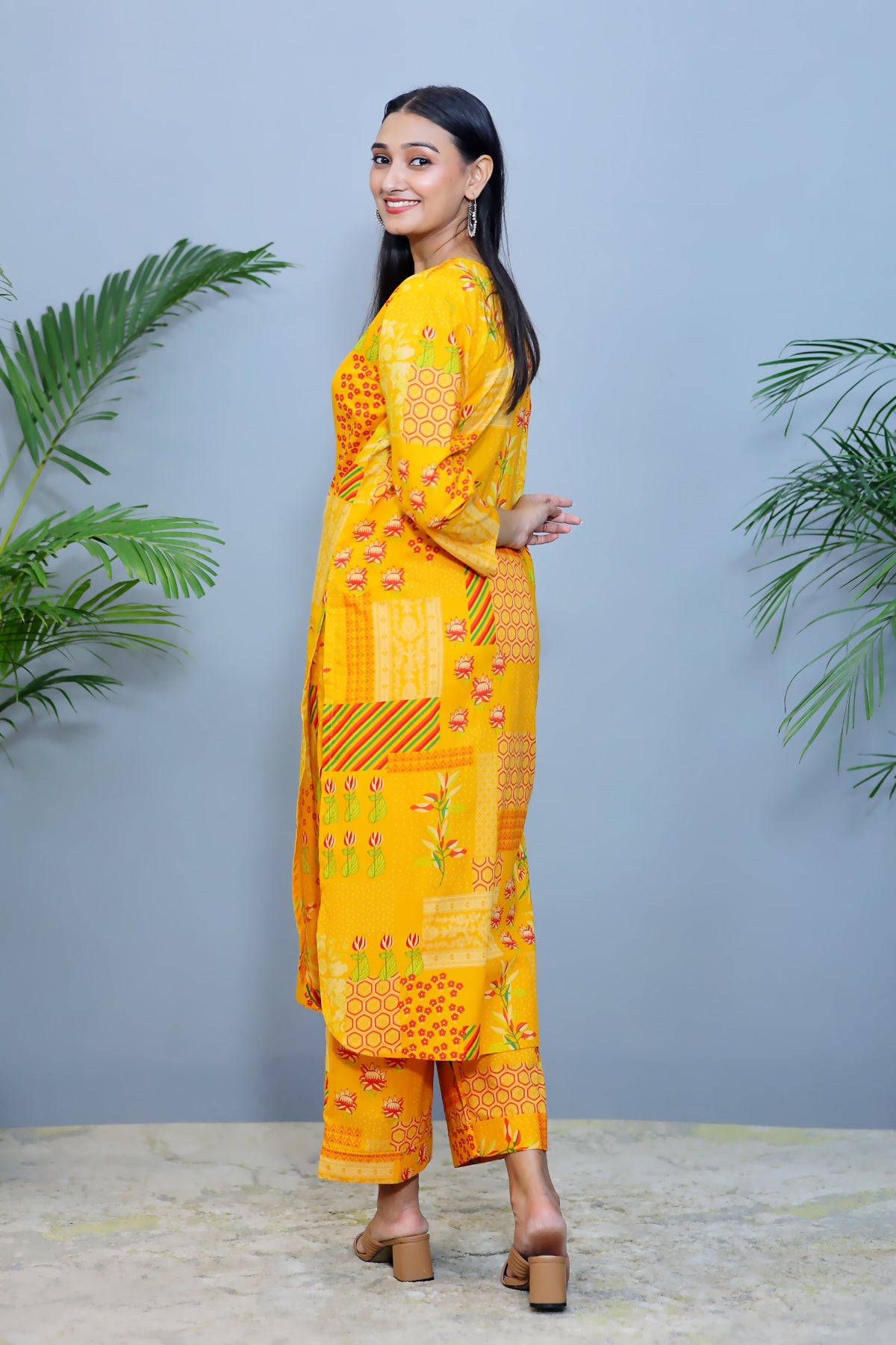 Bright Yellow Printed Cotton Co-ord Set/ Kurta Pant - Set of 2