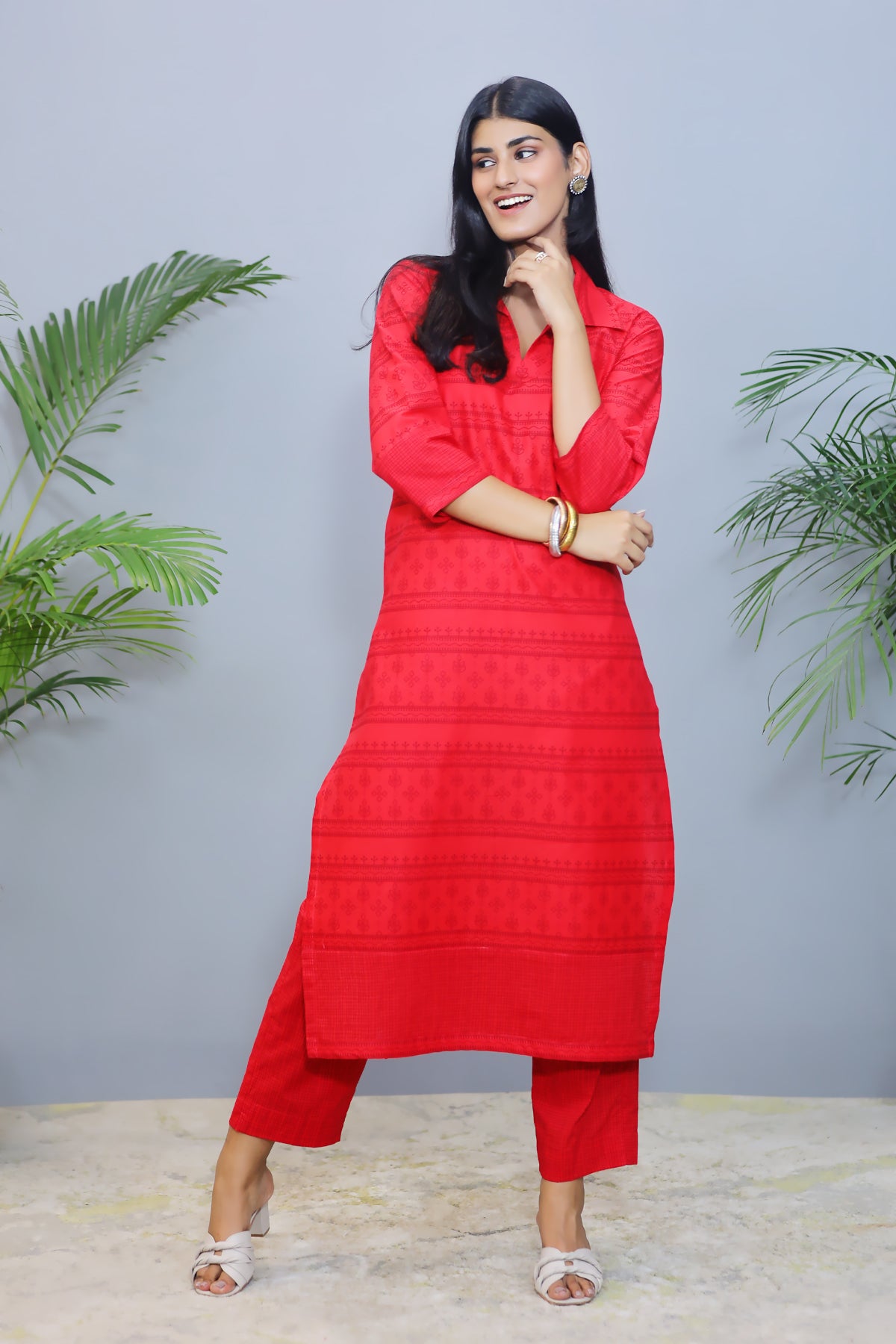 Red Printed Cotton Kurta