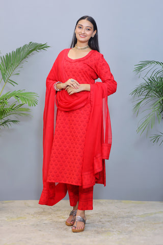 Bright Red Cotton Suit with Chiffon Dupatta - Set of 3