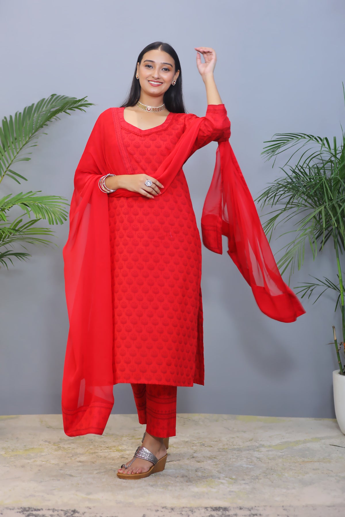 Bright Red Cotton Suit with Chiffon Dupatta - Set of 3