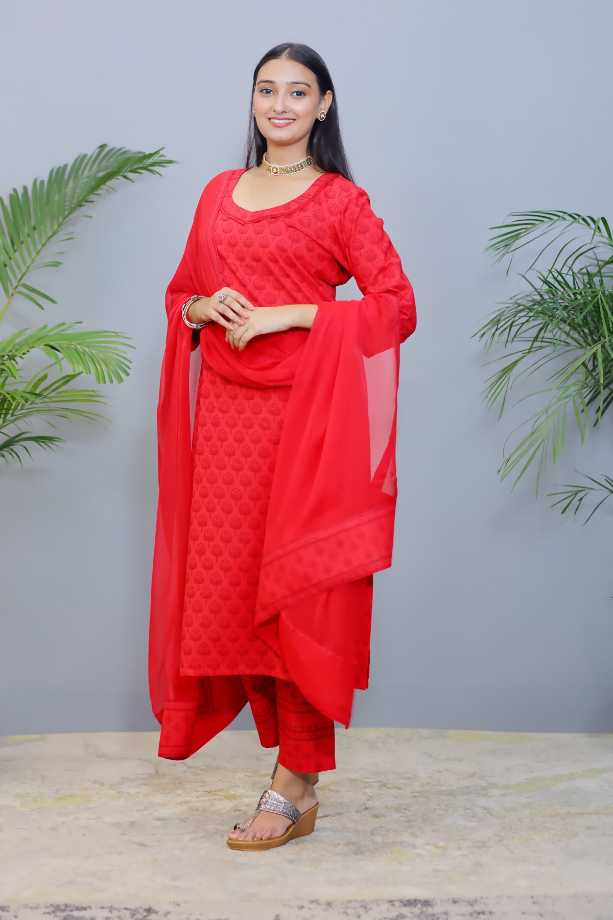 Bright Red Cotton Suit with Chiffon Dupatta - Set of 3