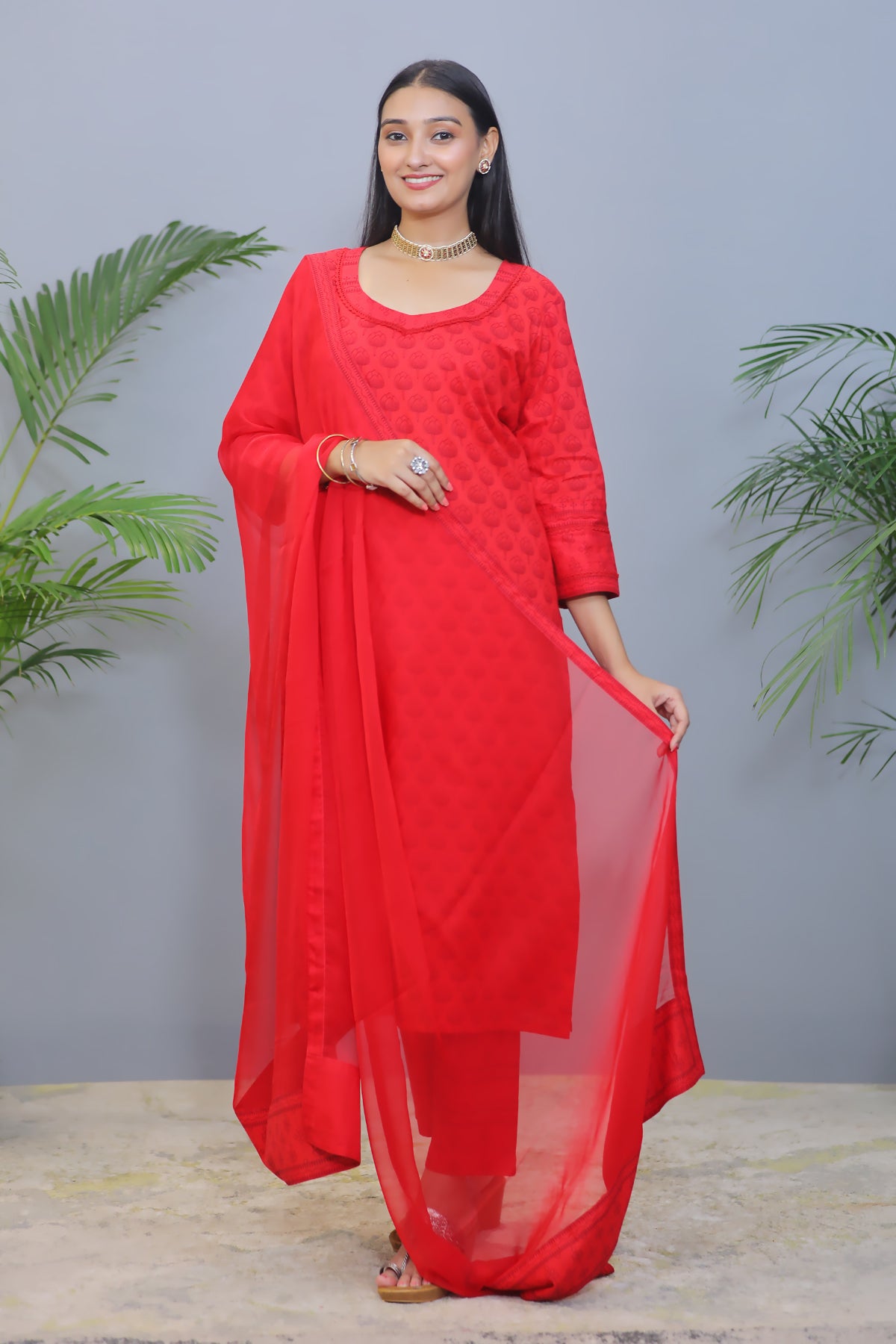 Bright Red Cotton Suit with Chiffon Dupatta - Set of 3