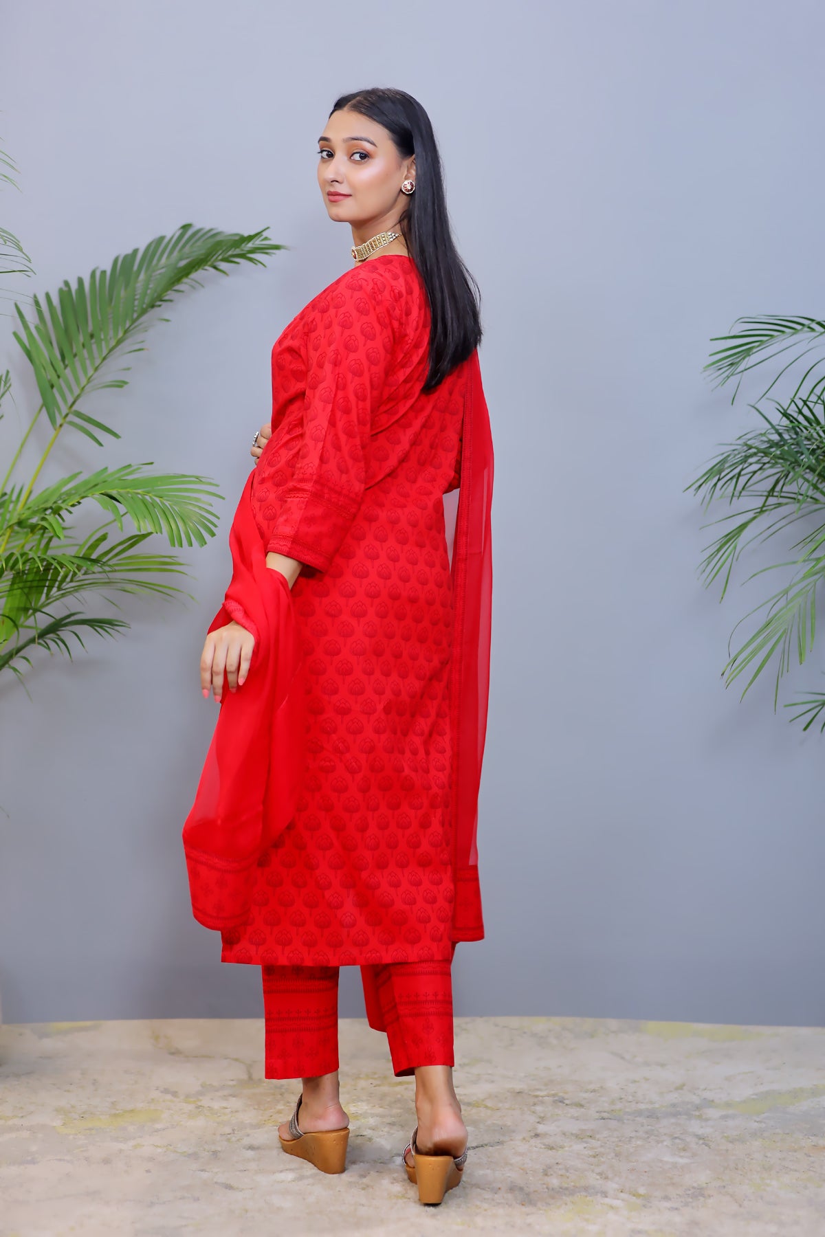 Bright Red Cotton Suit with Chiffon Dupatta - Set of 3