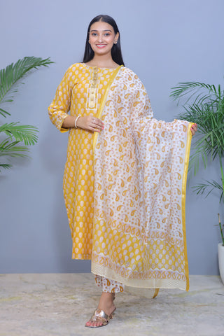 Mustard Yellow Handblock Chanderi & Dupatta with Cotton Pants - Set of 3