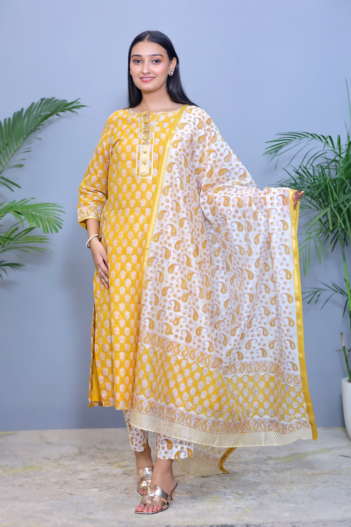 Mustard Yellow Handblock Chanderi & Dupatta with Cotton Pants - Set of 3