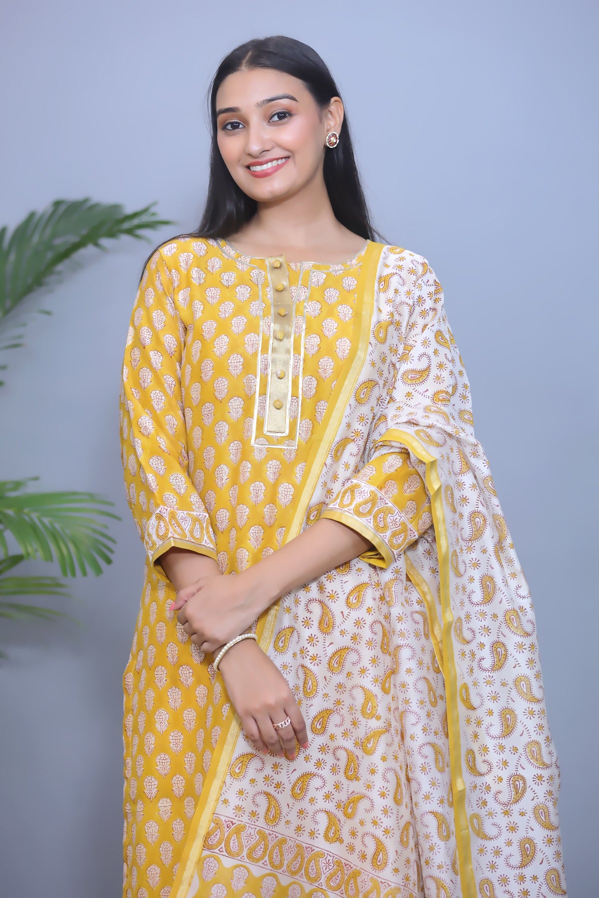 Mustard Yellow Handblock Chanderi & Dupatta with Cotton Pants - Set of 3