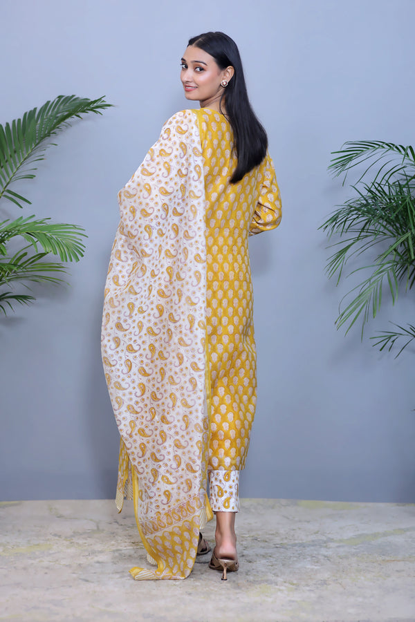 Mustard Yellow Handblock Chanderi & Dupatta with Cotton Pants - Set of 3