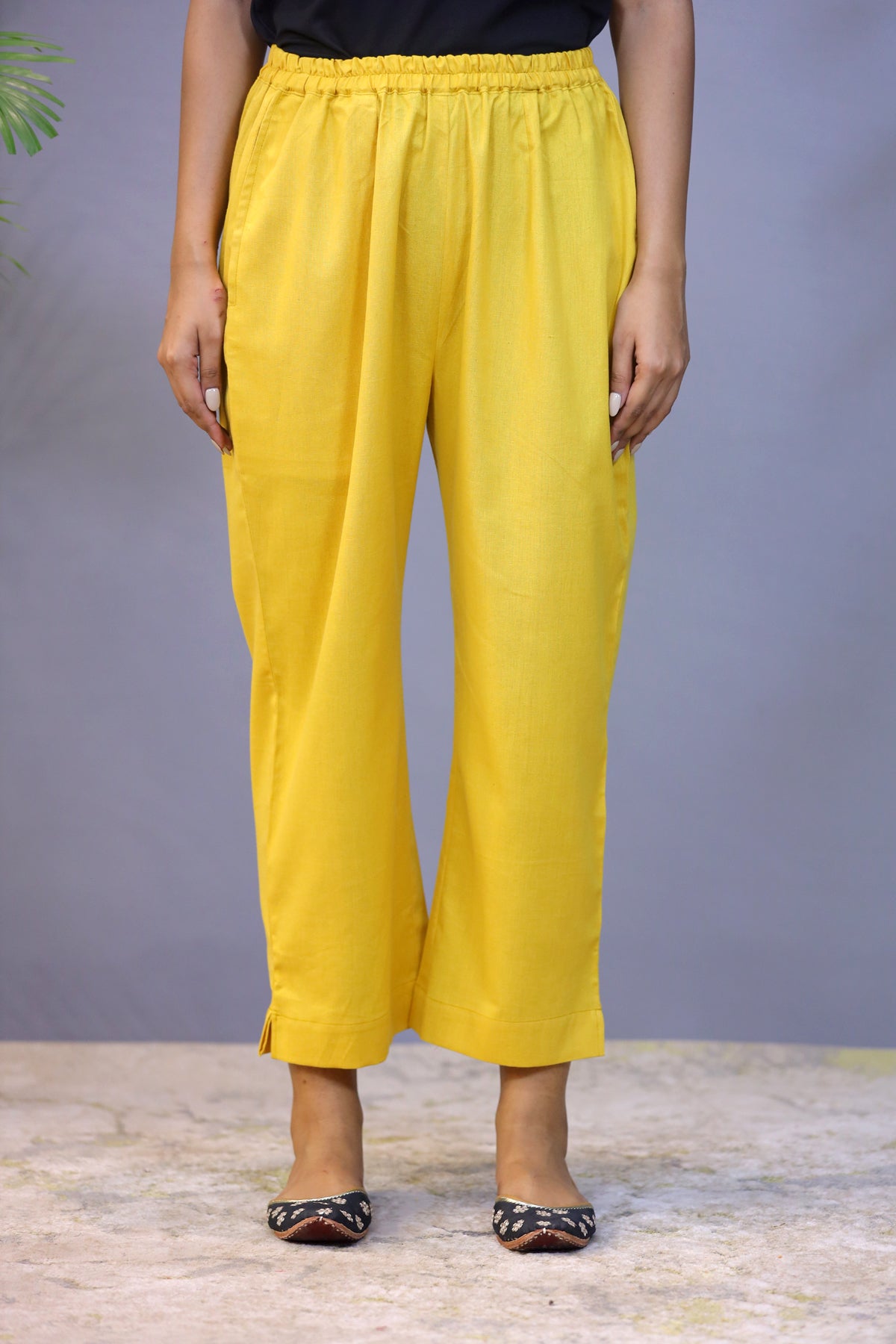 Mustard Yellow plain Jute Cotton Straight Pant