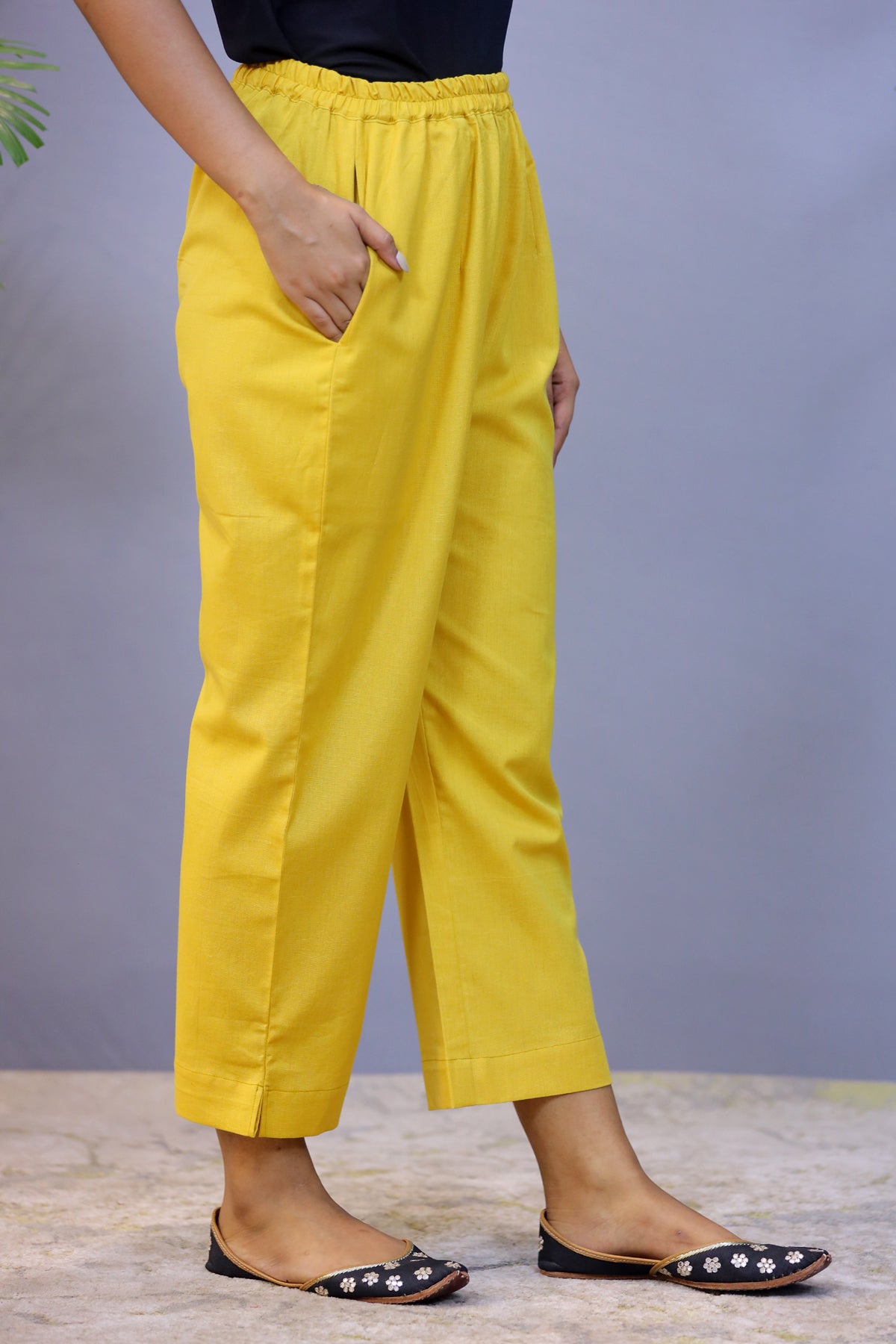 Mustard Yellow plain Jute Cotton Straight Pant