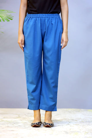 Turqoise Blue plain Jute Cotton Straight Pant