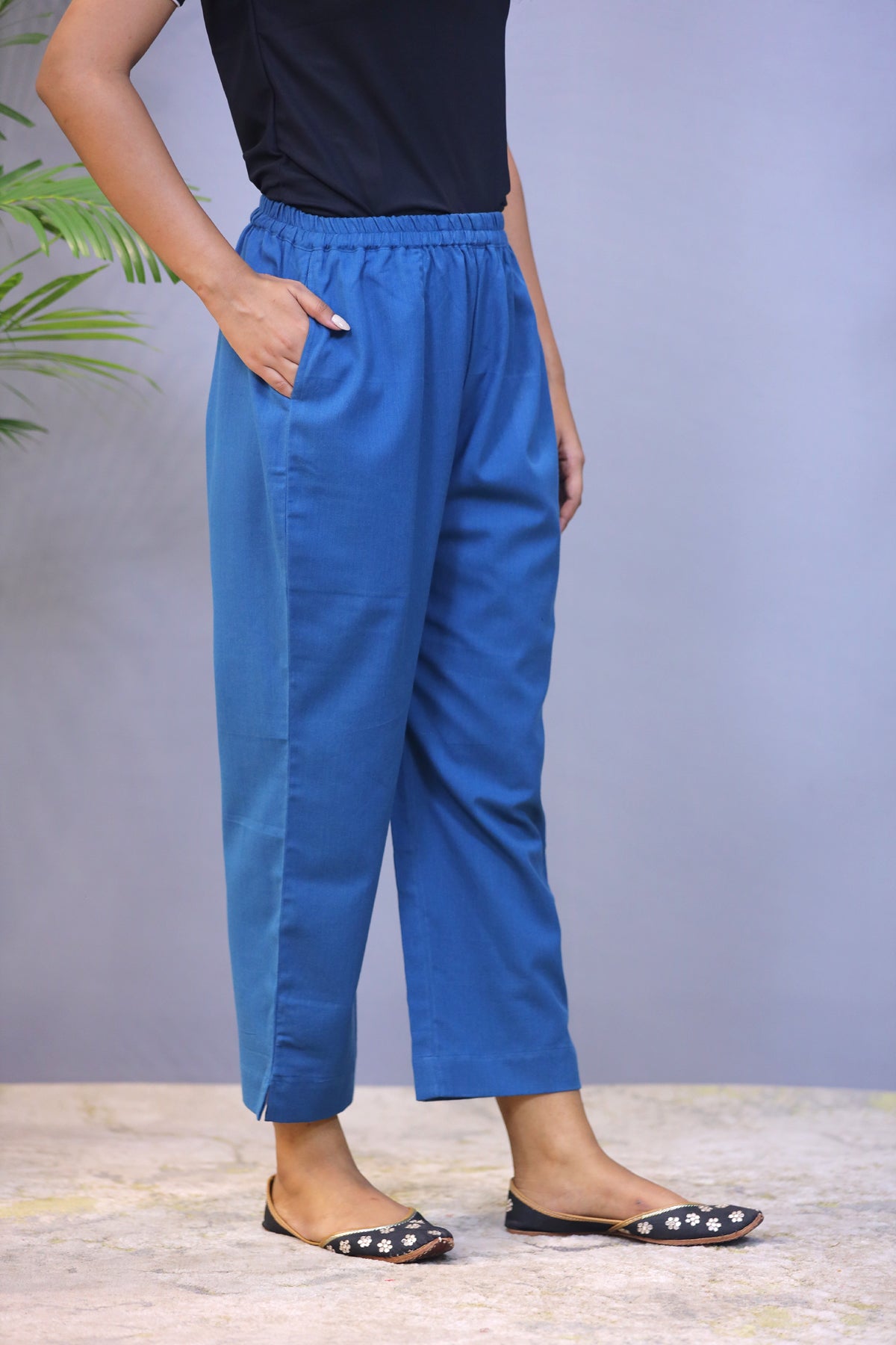 Turqoise Blue plain Jute Cotton Straight Pant