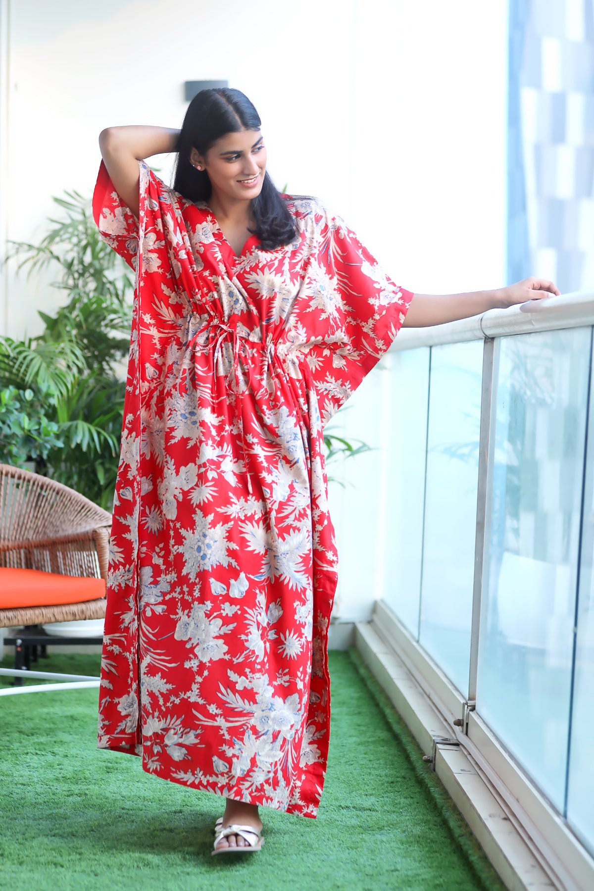 Red with jungle print Cotton Kaftan