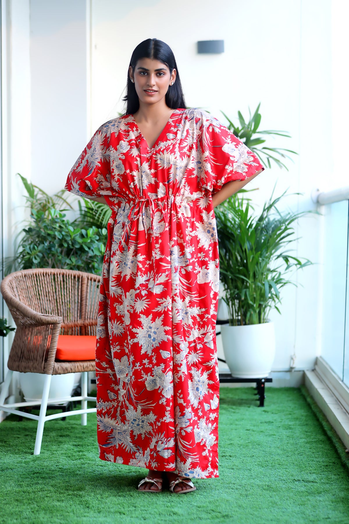 Red with jungle print Cotton Kaftan