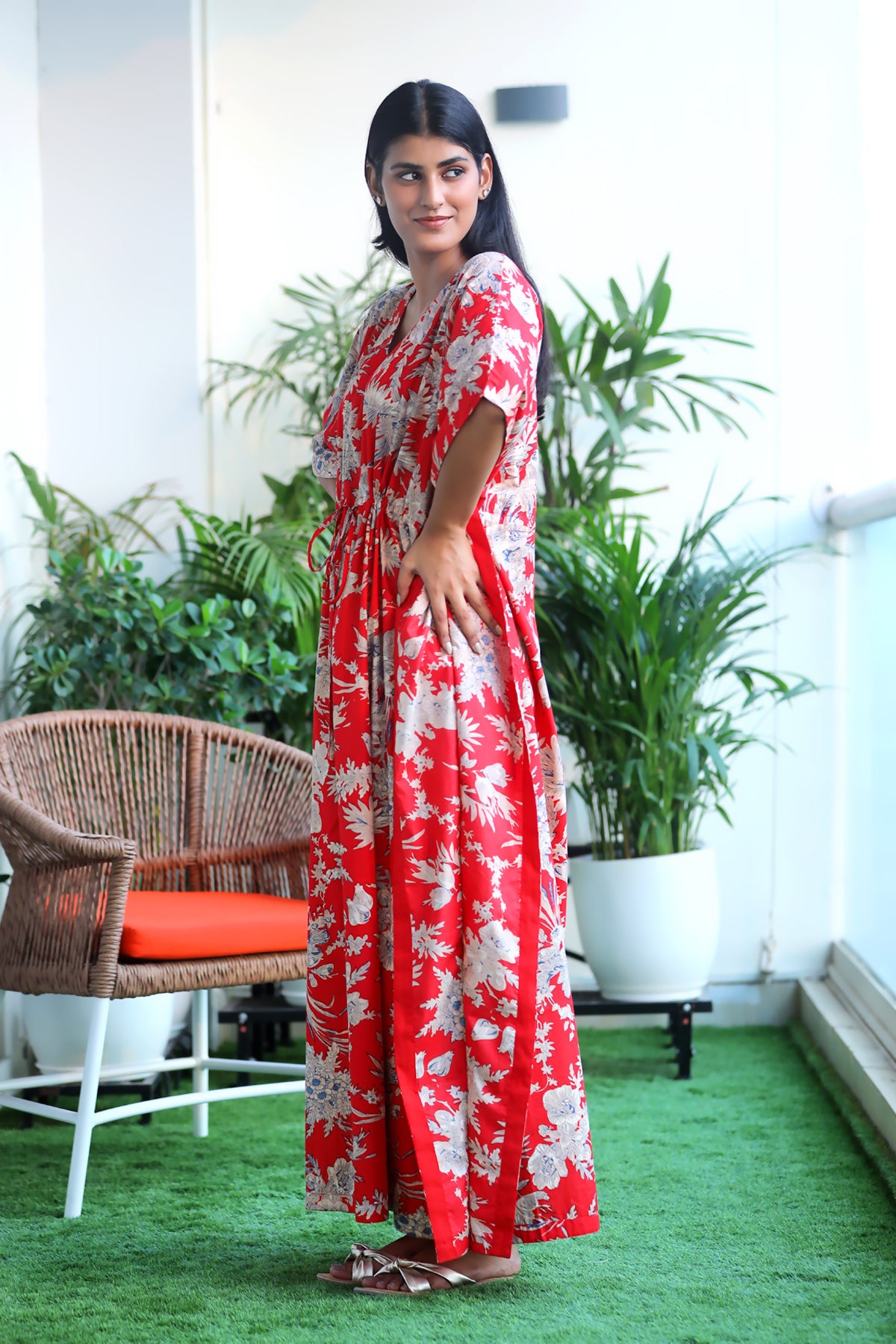 Red with jungle print Cotton Kaftan