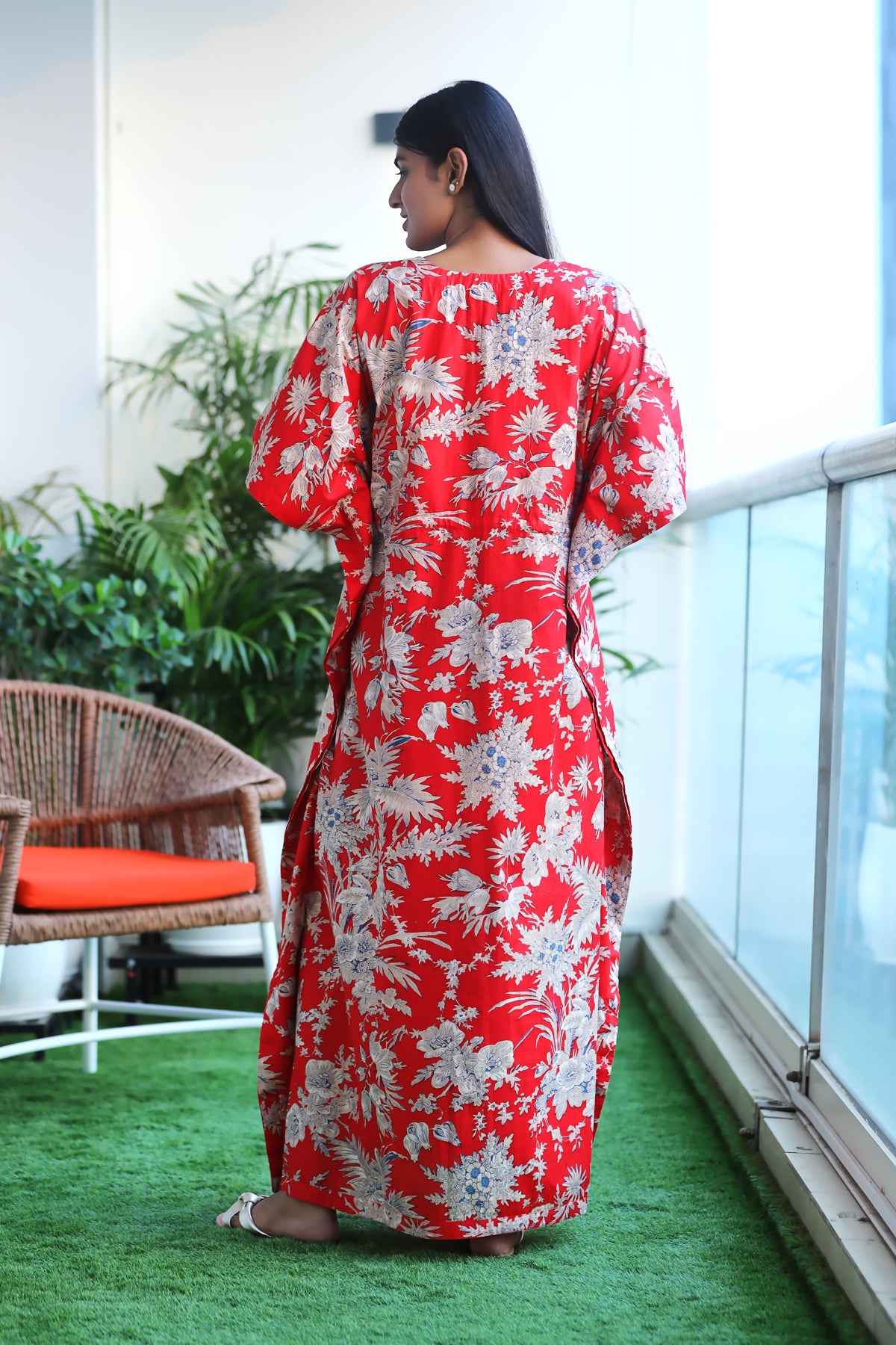 Red with jungle print Cotton Kaftan