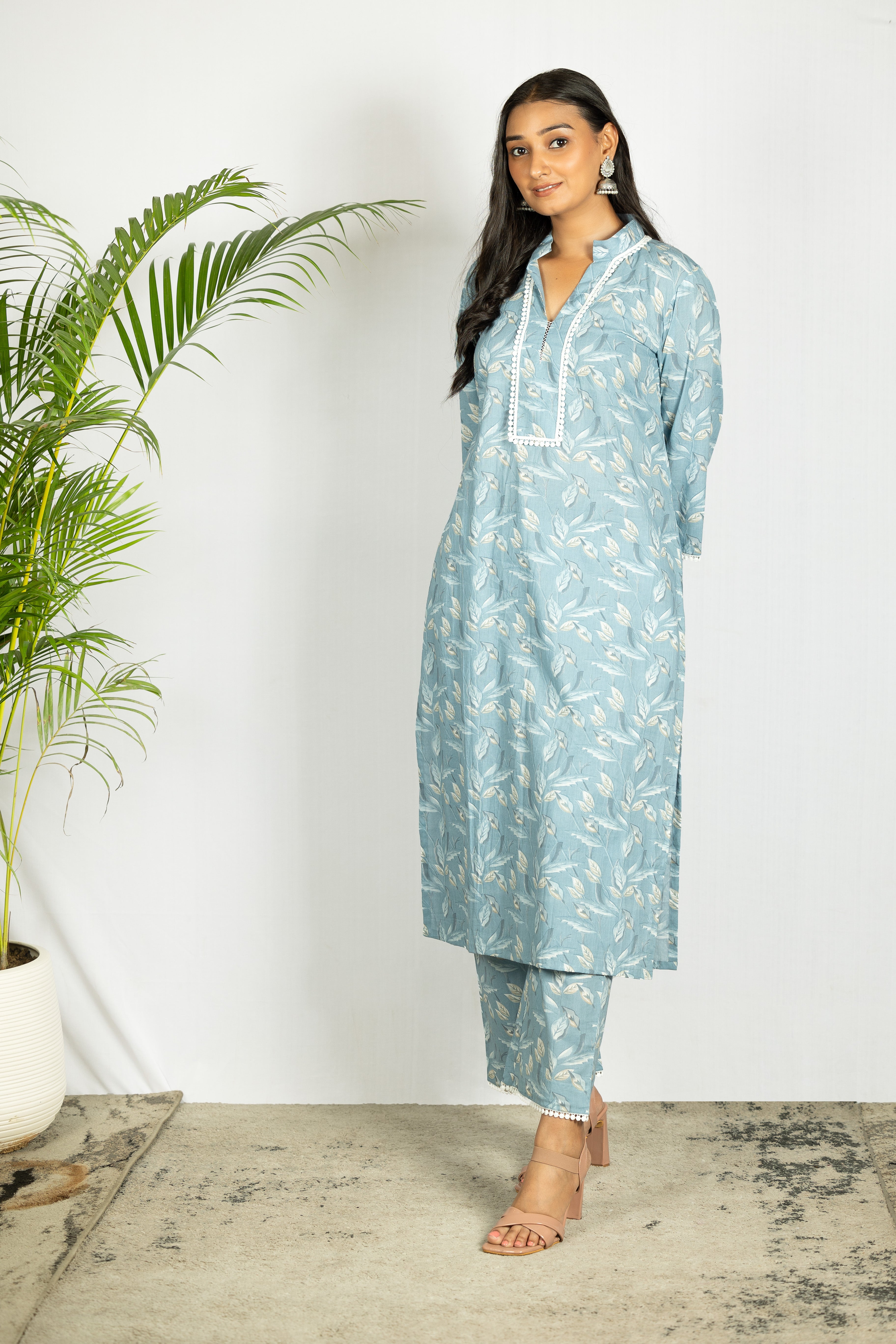 Sky Blue Printed Cotton Co-ord Set/ Kurta Pant - Set of 2