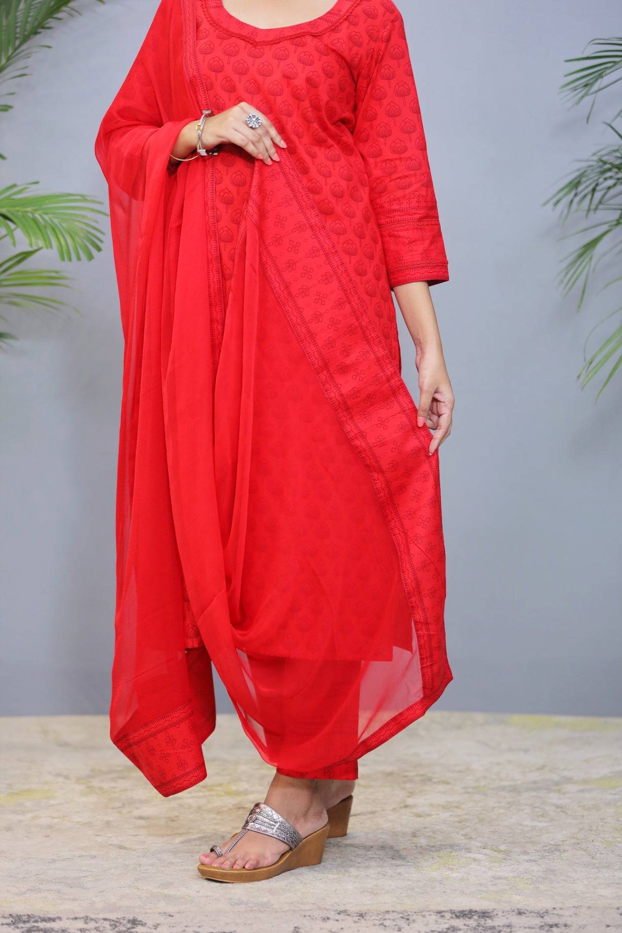 Bright Red Cotton Suit with Chiffon Dupatta - Set of 3