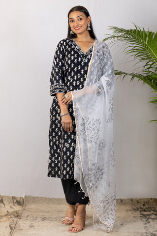 Black Handblock Bagru Cotton Suit with Kota Doria Dupatta - Set of 3