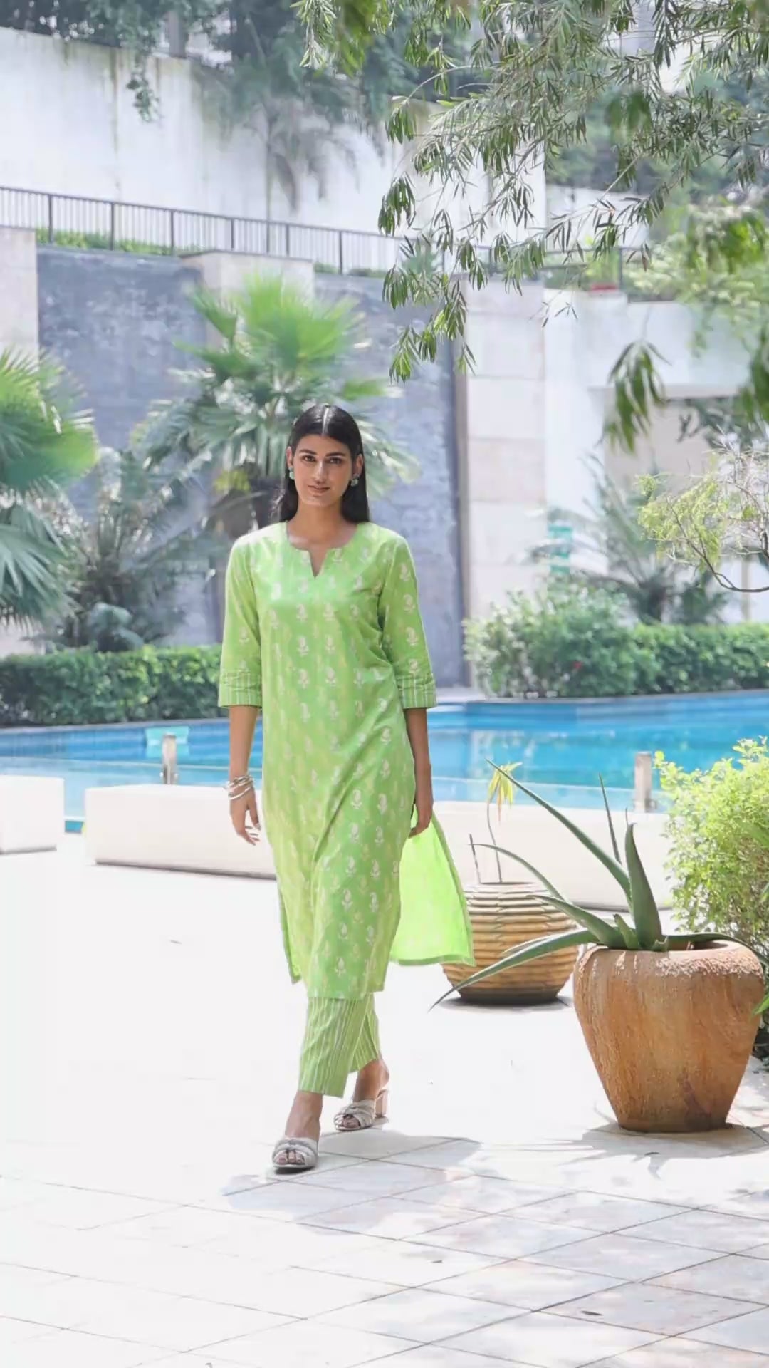 Lime green Handblock Cotton Kurta