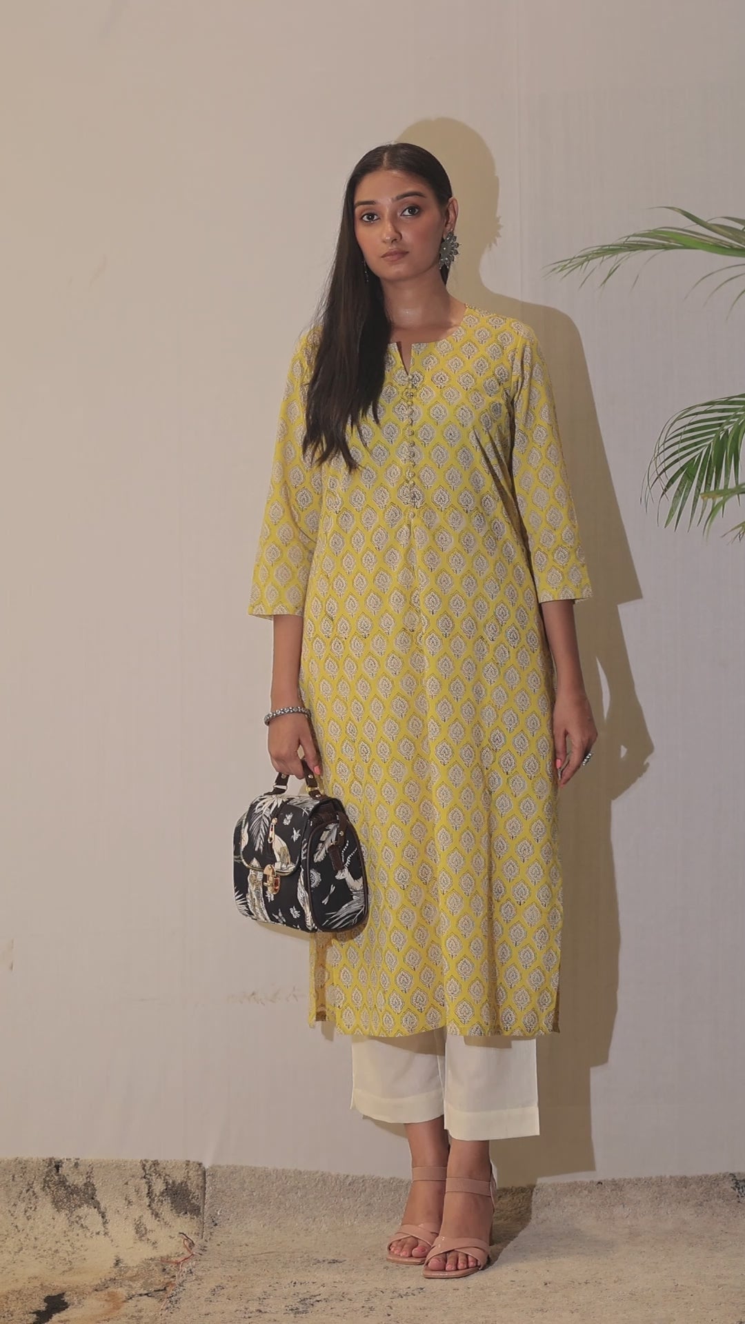 Yellow Bagru HandBlock Cotton Kurta with Potli Buttons