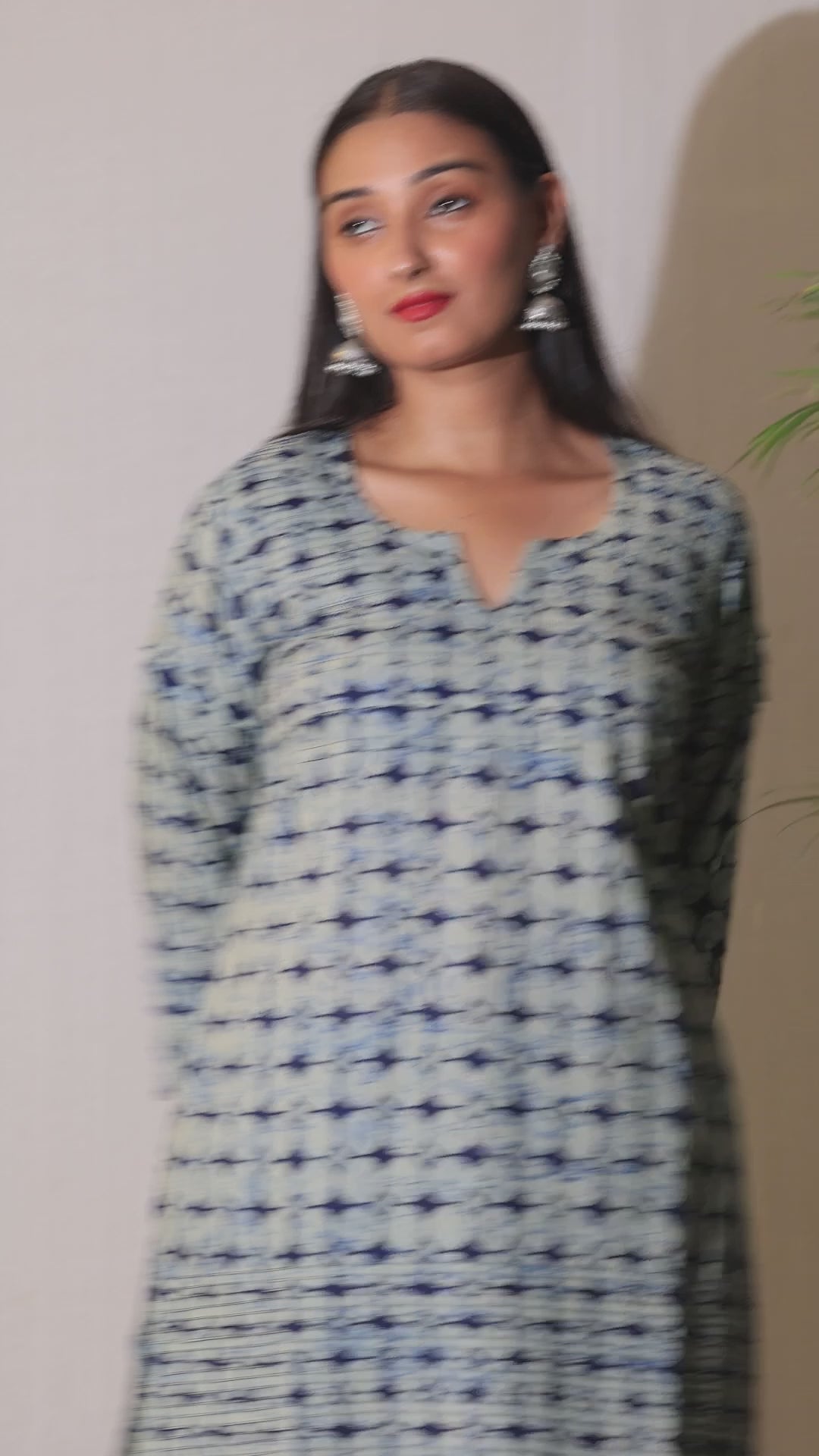 Navy Grey Printed Cotton Kurta with Pintucks